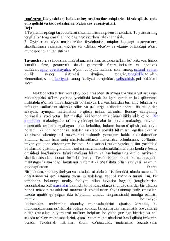Maktabgacha ta’lim yoshidagi bolalar uchun matematik o‘qitish