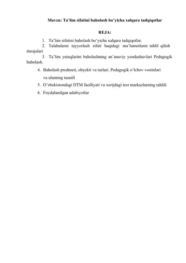 Ta’lim sifatini baholash bo’yicha xalqaro tadqiqotlar