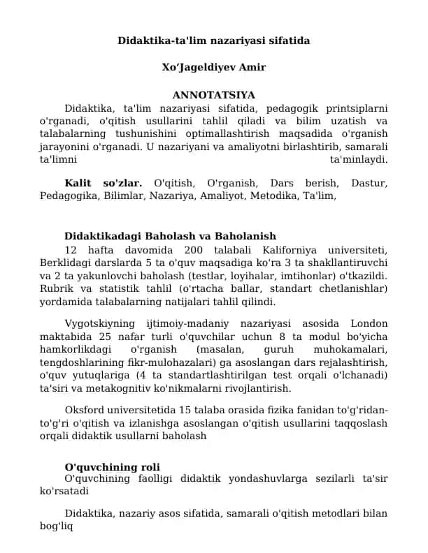 Didaktika-ta'lim nazariyasi sifatida