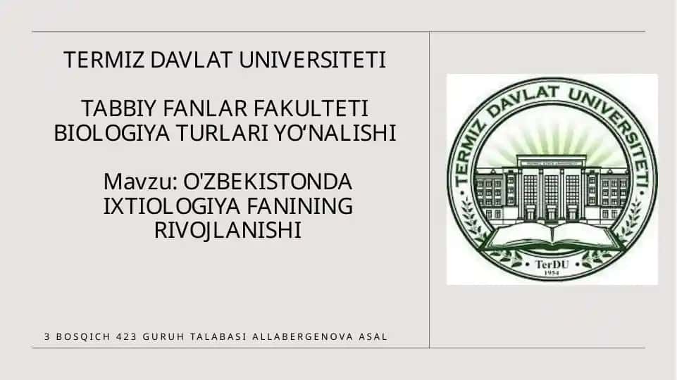O'ZBEKISTONDA IXTIOLOGIYA FANINING RIVOJLANISHI