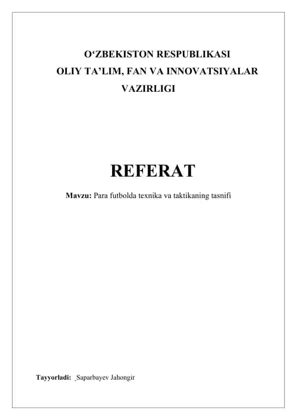 Para futbolda texnika va taktikaning tasnifi