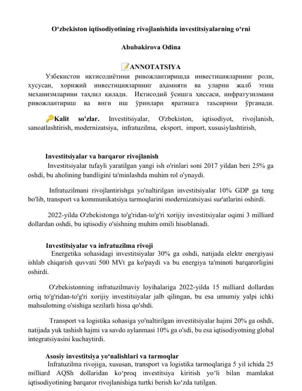 Investitsiyalar va barqaror rivojlanish