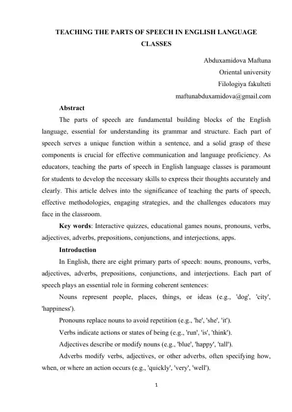 Teaching The Parts Of Speech In English Language Classes