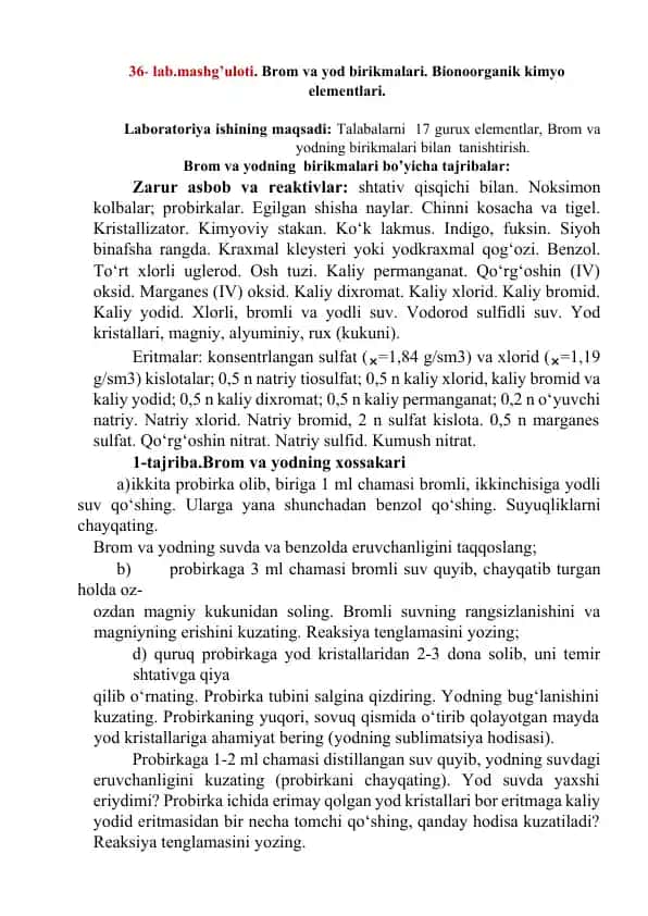Laboratoriya mashg'uloti: Brom va yod birikmalari