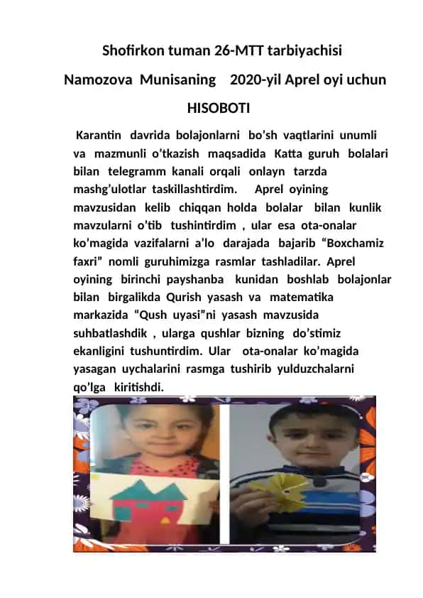 Shofirkon tuman 26-MTT tarbiyachisi Namozova Munisaning 2020-yil Aprel oyi uchun HISOBOTI
