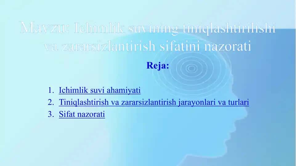 Ichimlik suvining tiniqlashtirilishi va zararsizlantirish sifatini nazorati60000