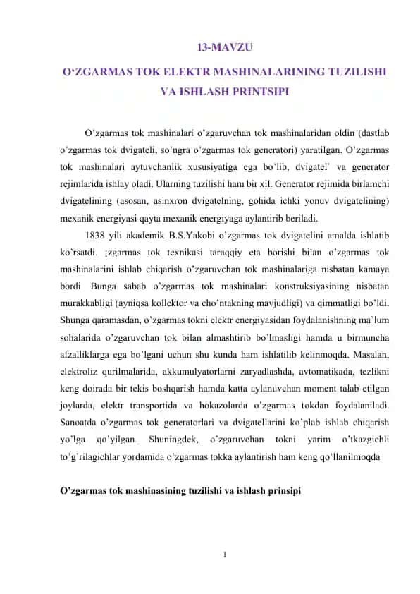 O‘zgarmas tok elektr mashinalarining tuzilishi va ishlash printsipi