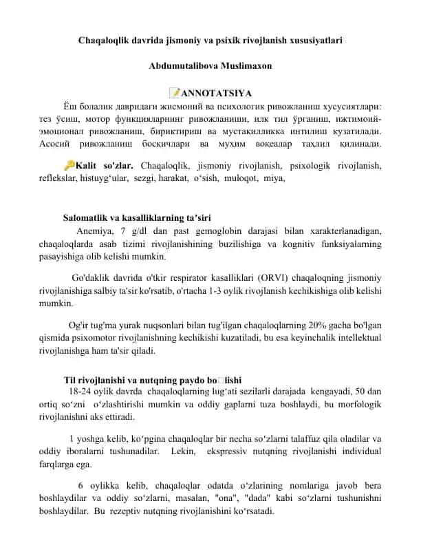 Chaqaloqlik davrida jismoniy va psixik rivojlanish xususiyatlari