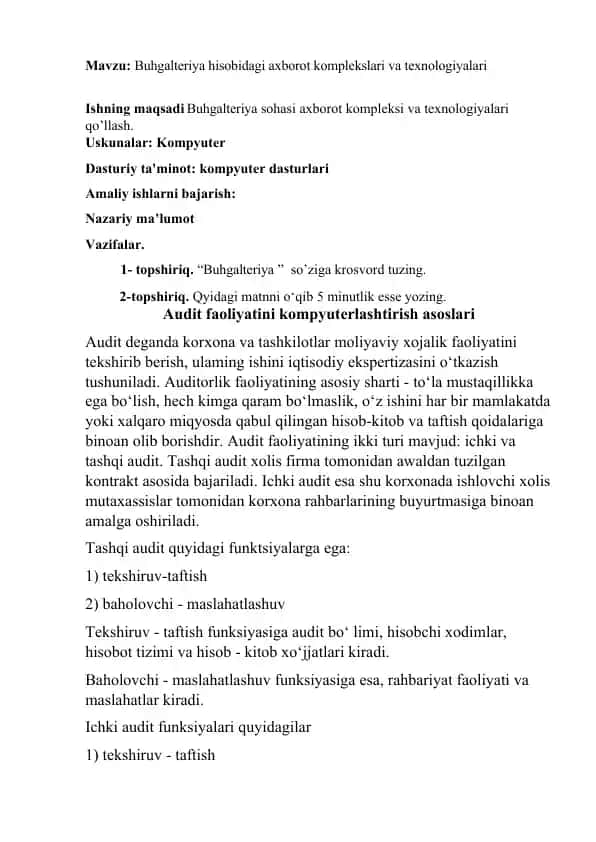 Buhgalteriya hisobidagi axborot komplekslari va texnologiyalari