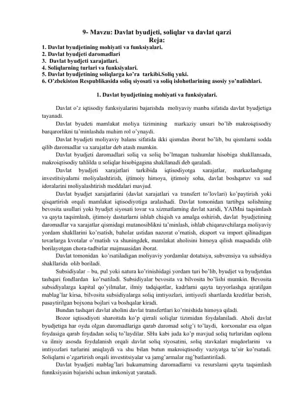 Davlat byudjeti, soliqlar va davlat qarzi