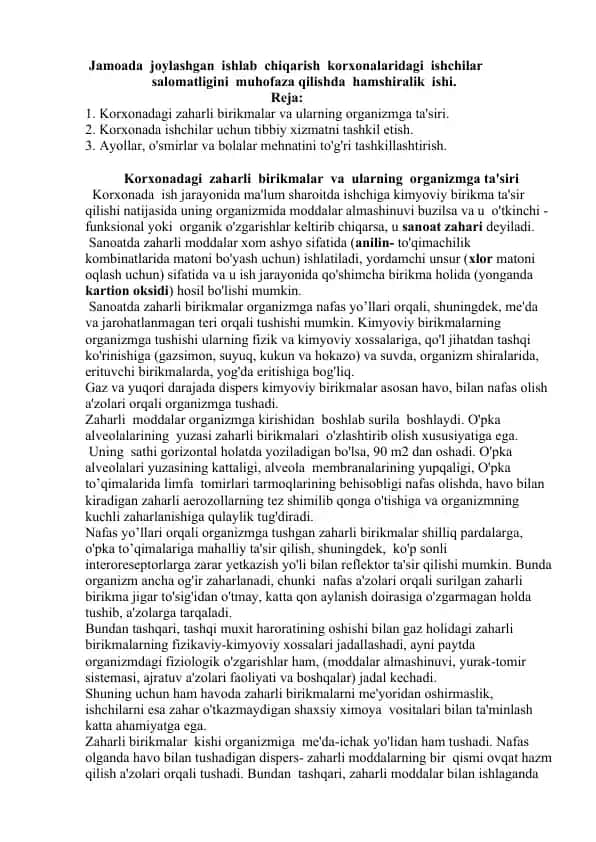 Zaharli birikmalar va ularning ta'siri