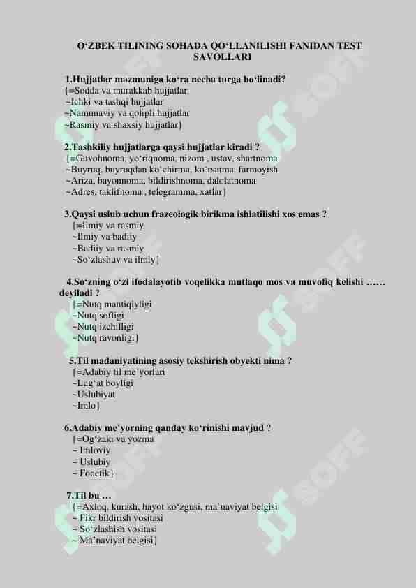 O'ZBEK TILINING SOHADA QO‘LLANILISHI FANIDAN TEST SAVOLLARI
