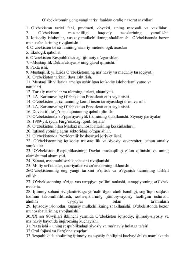O’zbekistonning eng yangi tarixi fanidan oraliq nazorat savollari