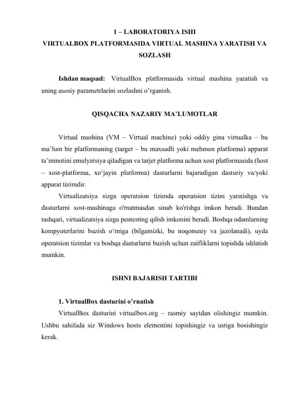 Virtual mashina yaratish va sozlash