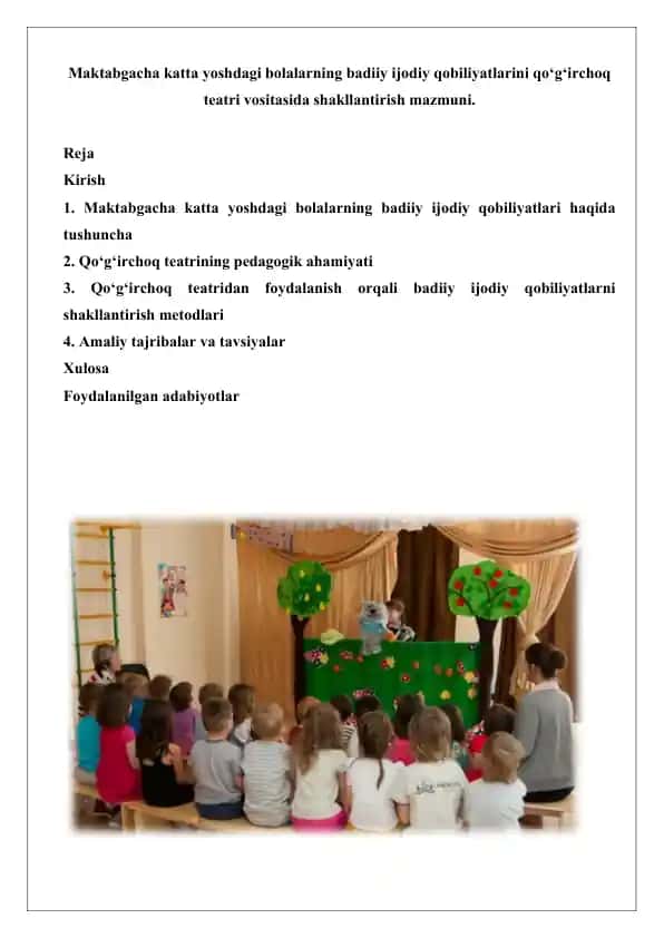 Maktabgacha katta yoshdagi bolalarning badiiy ijodiy qobiliyatlarini qo‘g‘irchoq teatri vositasida shakllantirish mazmuni