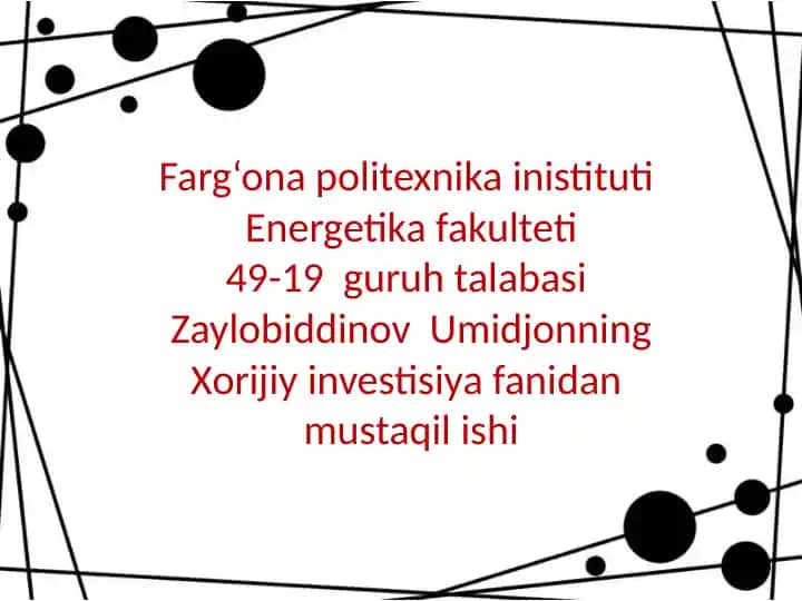 Tojikiston va O'zbekistonda investitsiyalar
