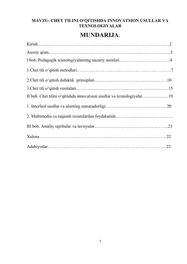 CHET TILINI O‘QITISHDA INNOVATSION USULLAR VA TEXNOLOGIYALAR