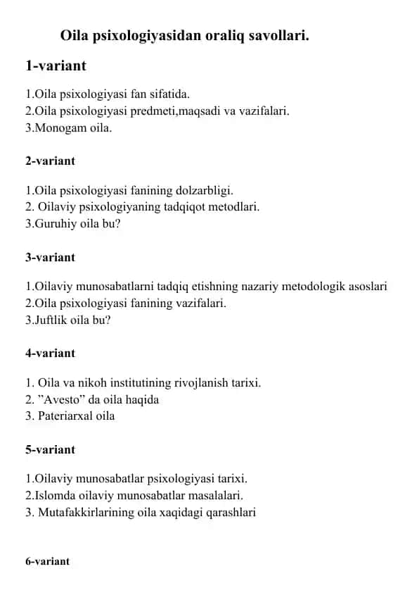 Oila psixologiyasidan oraliq savollari