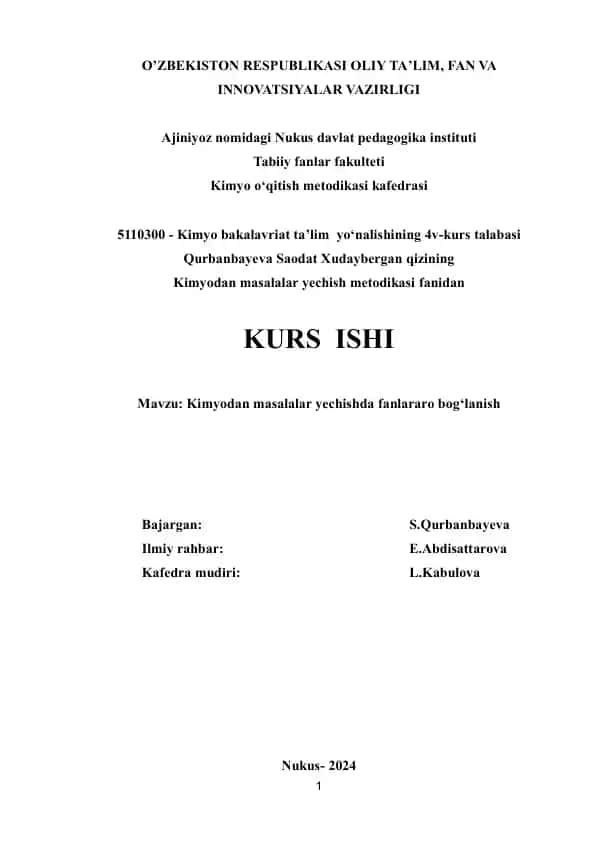 Kimyodan masalalar yechish metodikasi