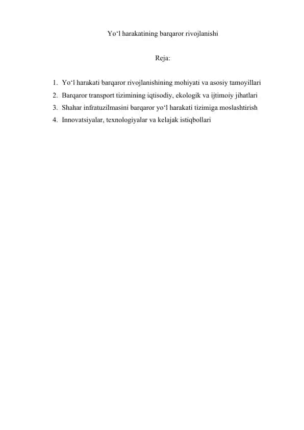 Yo‘l harakatining barqaror rivojlanishi