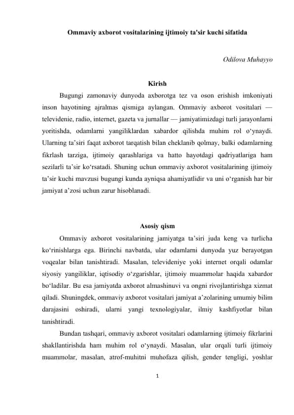 Ommaviy axborot vositalarining ijtimoiy ta'sir kuchi sifatida