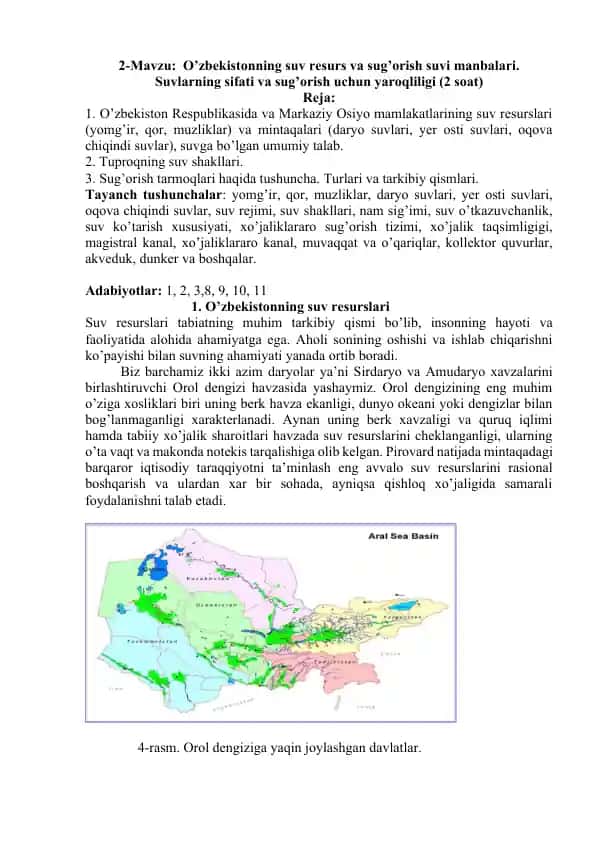 O’zbekistonning suv resurs va sug’orish suvi manbalari