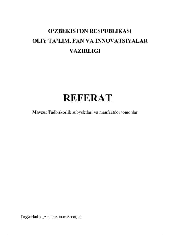 Tadbirkorlik subyektlari va manfaatdor tomonlar