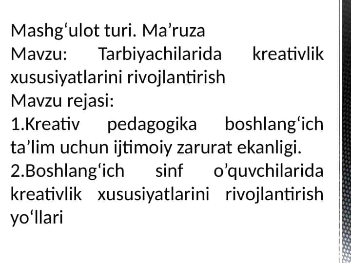 Mashg‘ulotturi Ma’ruza
