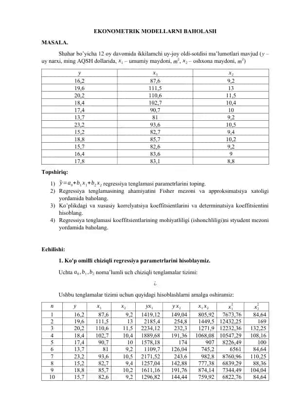 EKONOMETRIK MODELLARNI BAHOLASH MASALASI