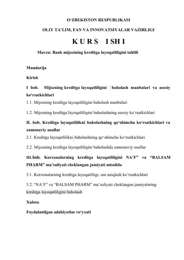 Bank Mijozining Kreditga Layoqatliligini Tahlili