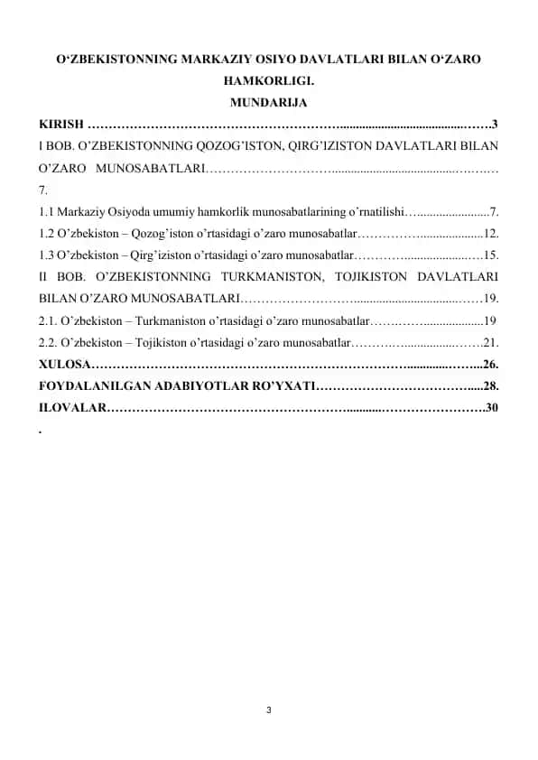 O‘ZBEKISTONNING MARKAZIY OSIYO DAVLATLARI BILAN O‘ZARO HAMKORLIGI