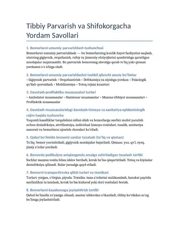 Tibbiy Parvarish va Shifokorgacha Yordam Savollari