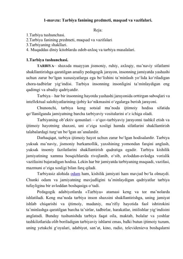 Tarbiya fanining predmeti, maqsad va vazifalari