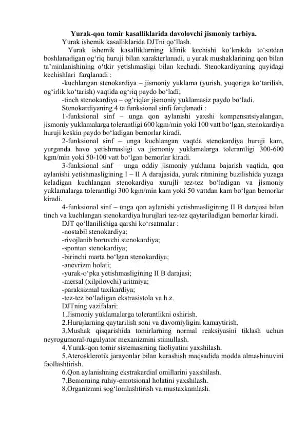 Yurak-qon tomir kasalliklarida davolovchi jismoniy tarbiya