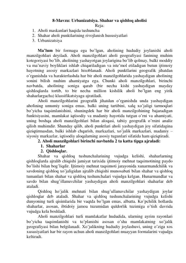 Urbanizatsiya. Shahar va qishloq aholisi
