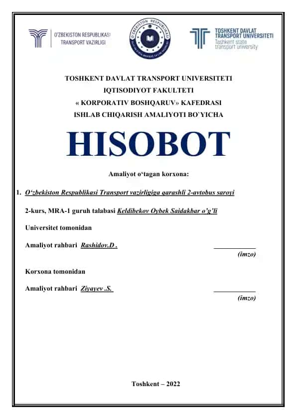 Ishlab chiqarish amaliyoti bo'yicha hisobot