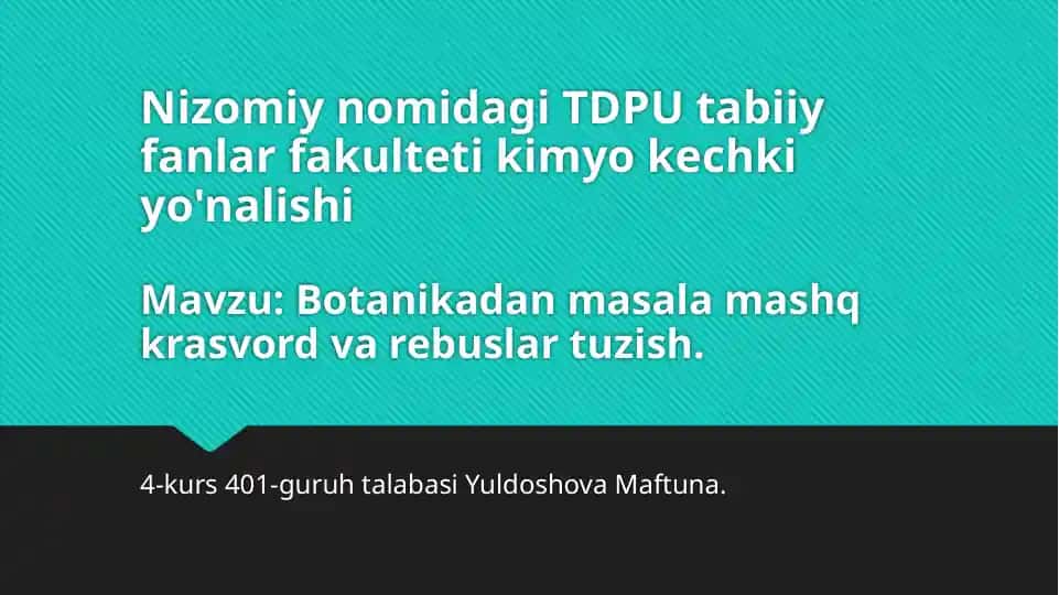 Nizomiynomidagi TDPU tabiiy fanlar fakulteti Kimyo kechki yo'nalishi