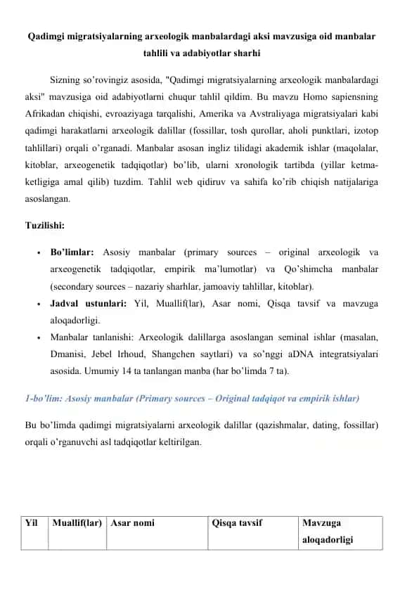 Qadimgi migratsiyalarning arxeologik manbalardagi aksi mavzusiga oid manbalar tahlili va adabiyotlar sharhi