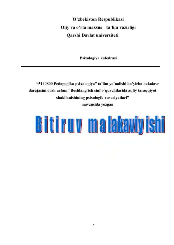 Boshlang`ich sinf o`quvchilarida aqliy taraqqiyot shakllanishining psixologik xususiyatlari