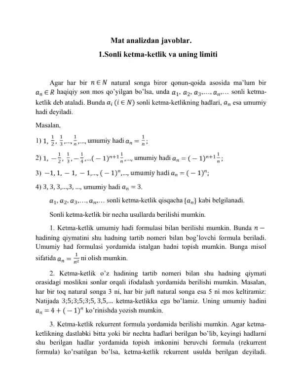 Sonli ketma-ketlik va uning limiti