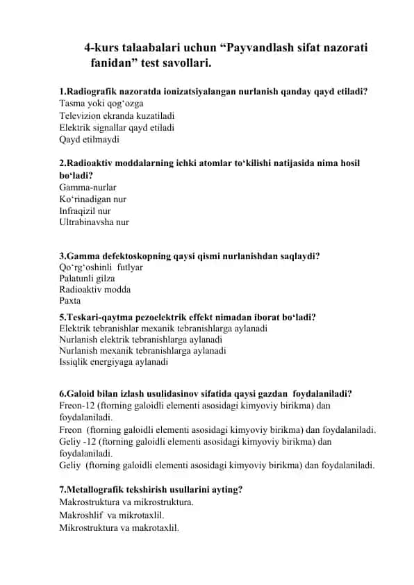 "Payvandlash sifat nazorati fanidan test savollari"