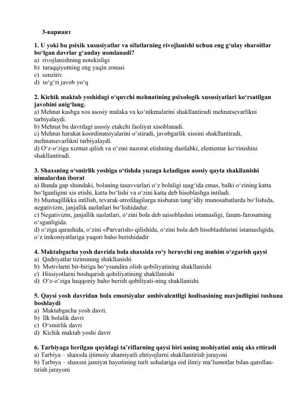 Psixologiya sinovi test javoblari