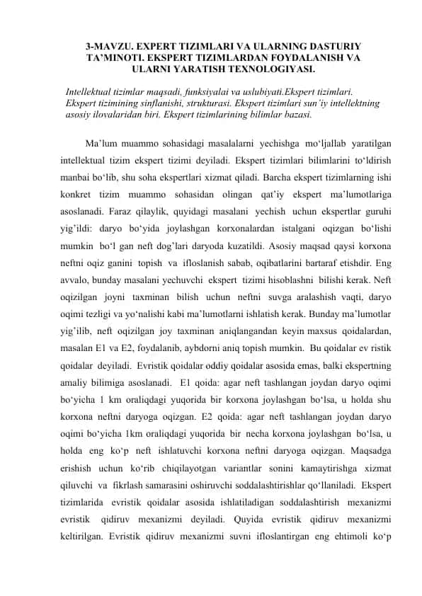 Ekspert Tizimlari va Ularning Dasturiy Ta’minoti