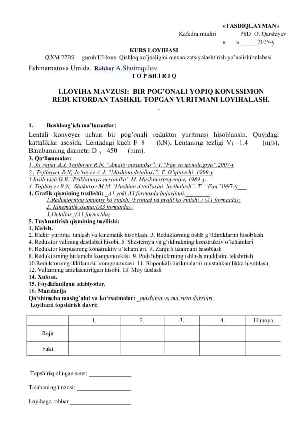 Bir Pog'onali Reduktor Yuritmasi