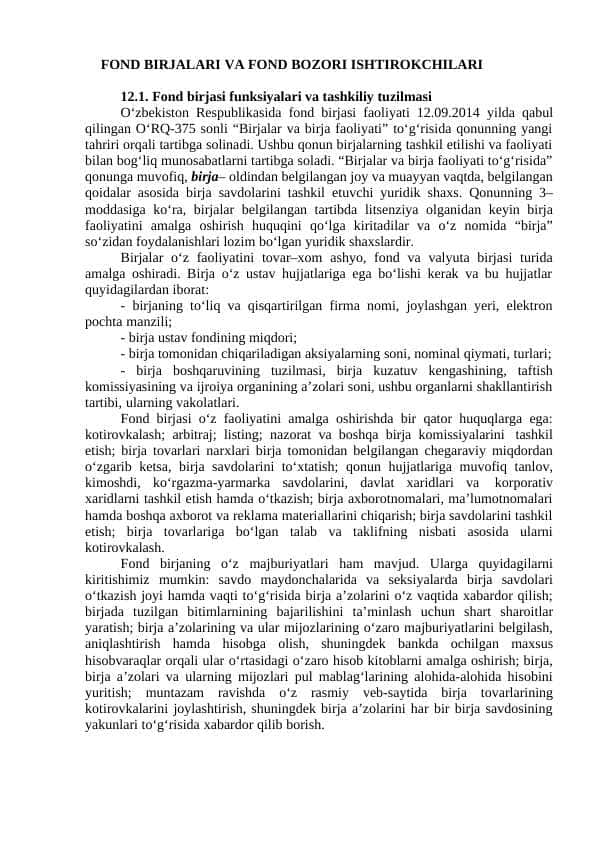 FOND BIRJALARI VA FOND BOZORI ISHTIROKCHILARI