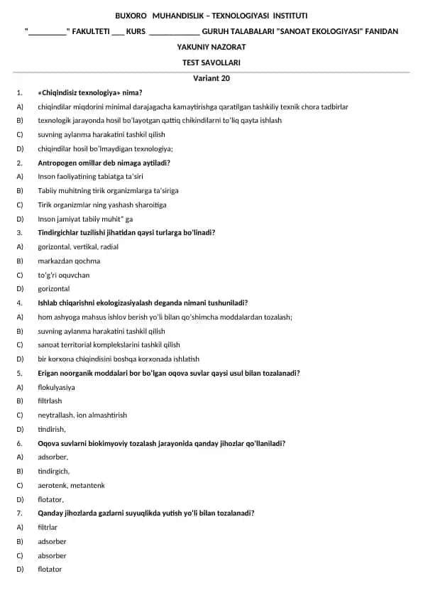 Sanoat ekologiyasi test savollari