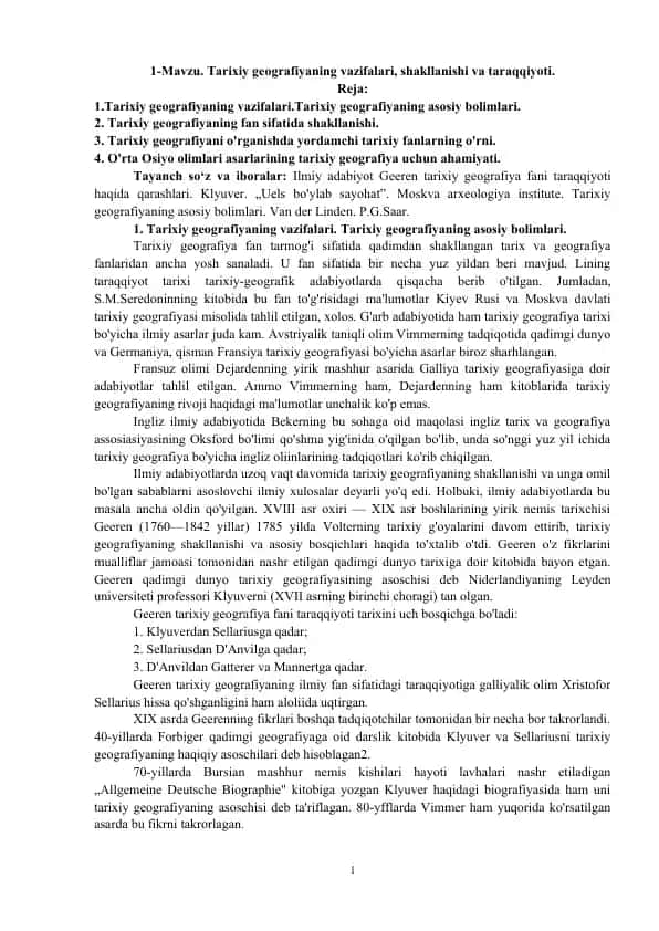 Tarixiy geografiyaning vazifalari, shakllanishi va taraqqiyoti