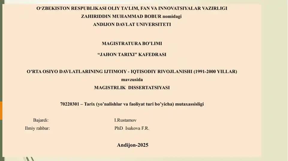 O‘RTA OSIYO DAVLATLARINING IJTIMOIY - IQTISODIY RIVOJLANISHI (1991-2000 YILLAR)