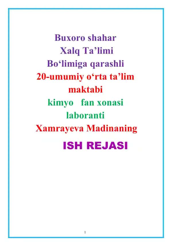 O'quvchilar uchun Kimyo fani laborantining oylik ish rejasi