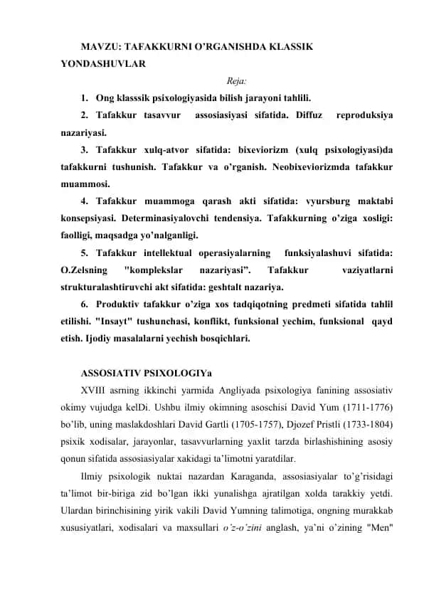 Tafakkurni o'rganishda klassik yondashuvlar
